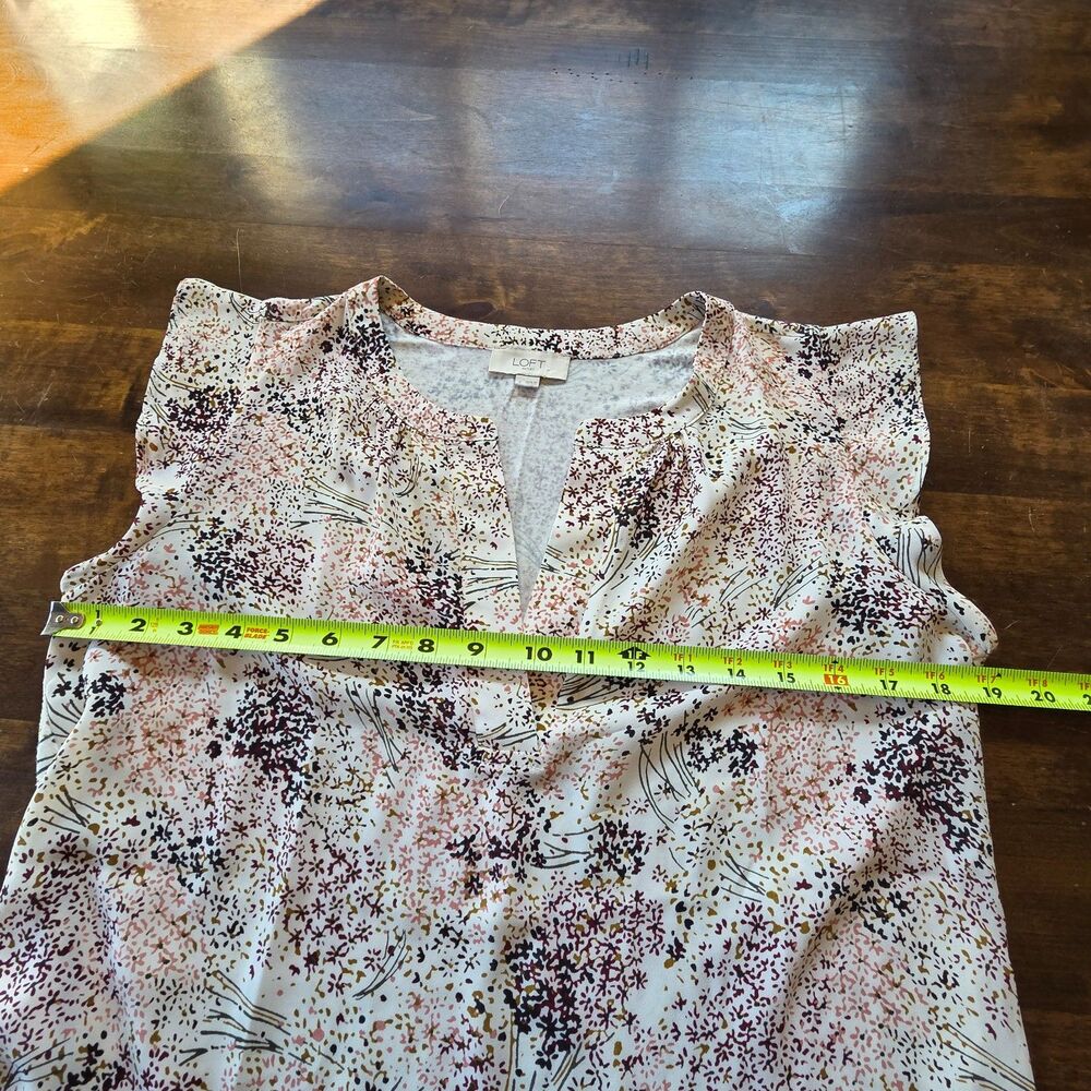 LOFT Floral Flutter Sleeve Split Neck Blouse White Pink Burgundy S - Picture 6 of 8